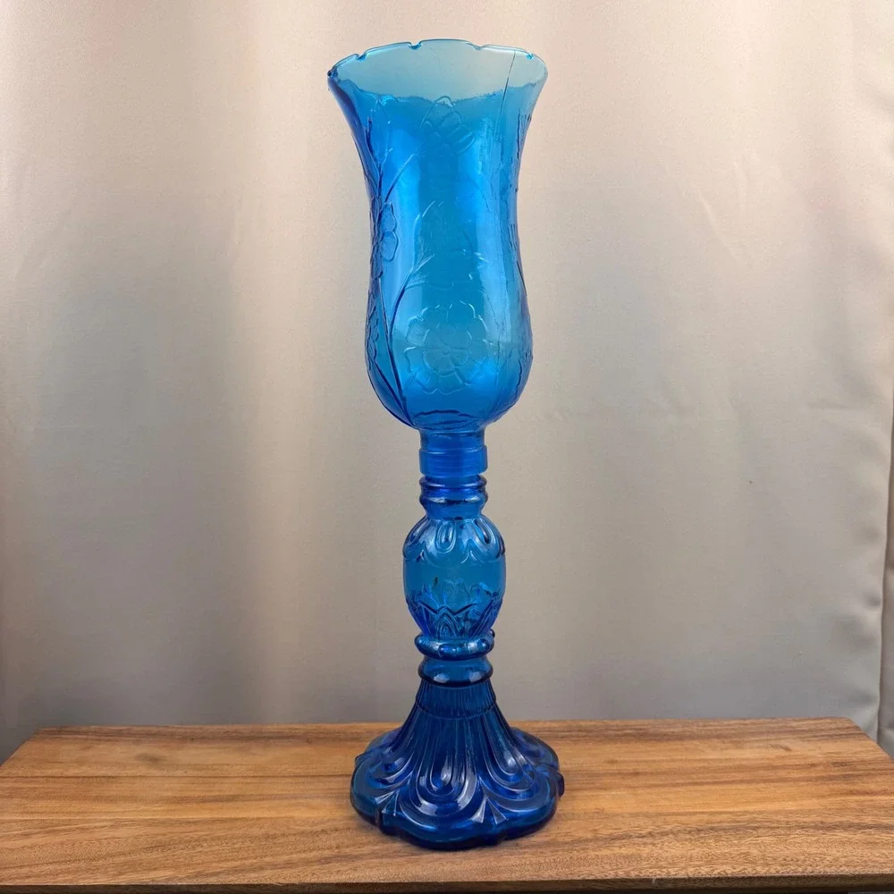 Vintage Blue Glass Hurricane Candle Holder Floral Embossed 2 Piece 18.5 Inch